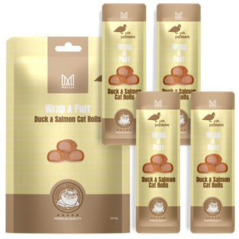 Pochúťka pre mačky – Wrap & Purr: Kačica a losos Mersjo 40g (4x10g)