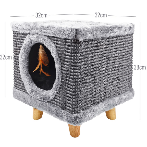 Stabilný škrabací stĺpik pre mačky, malý 38 cm, sivý s perím a posteľou Cabin I