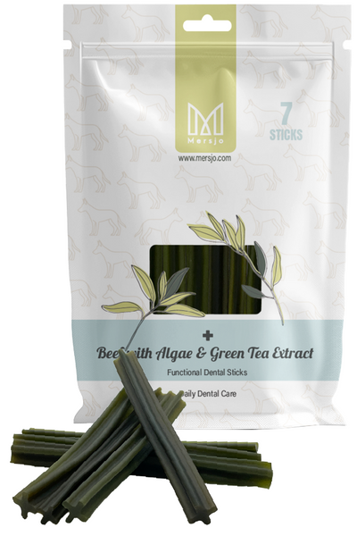 Dentálna pochúťka pre psov Dental Sticks Mersjo Hovädzie Riasy Čaj 7 ks
