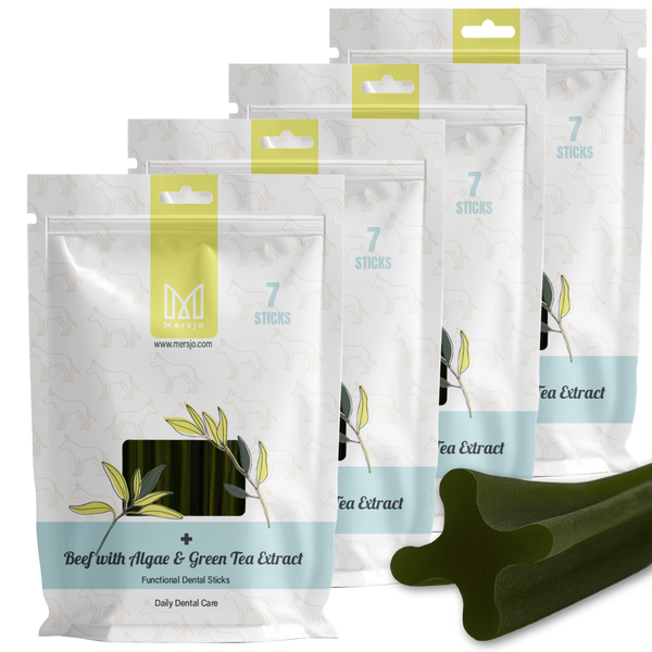 Dentálna pochúťka pre psov Dental Sticks Mersjo Hovädzie Riasy Čaj 28 ks