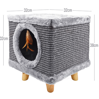Stabilný škrabací stĺpik pre mačky, malý 38 cm, sivý s perím a posteľou Cabin I