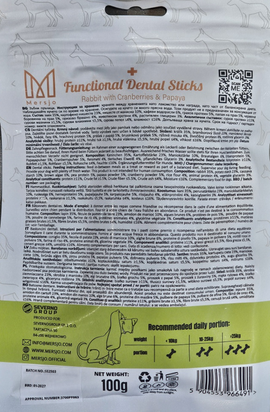 Dentálna pochúťka pre psov Mersjo Dental Sticks - Králik Papája & Brusnica (7 tyčiniek)