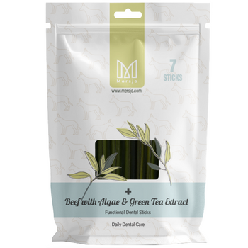 Dentálna pochúťka pre psov Dental Sticks Mersjo Hovädzie Riasy Čaj 28 ks