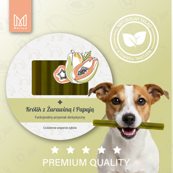 Dentálna pochúťka pre psov Mersjo Dental Sticks - Králik Papája & Brusnica (7 tyčiniek)