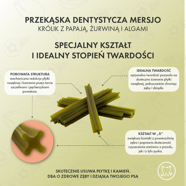 Dentálna pochúťka pre psov Mersjo Dental Sticks - Králik Papája & Brusnica (7 tyčiniek)