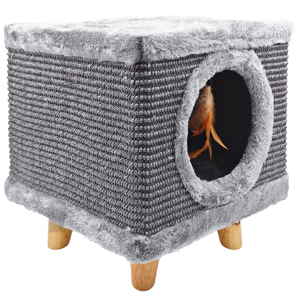 Stabilný škrabací stĺpik pre mačky, malý 38 cm, sivý s perím a posteľou Cabin I