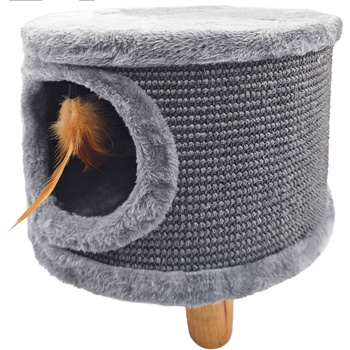 Robustný škrabák pre mačky, malý 38 cm, sivý s perím a posteľou Cabin II