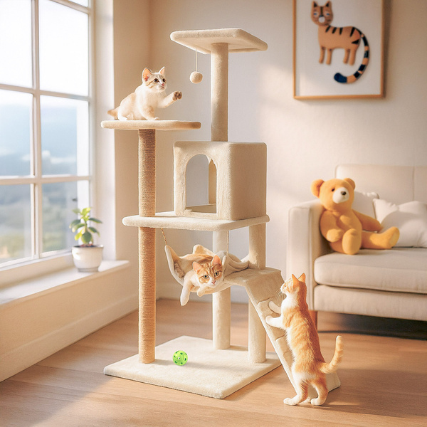 Škrabadlo pre mačky, domček s hračkou, vysoký, 6 úrovní, pelech, Comfort Line béžová