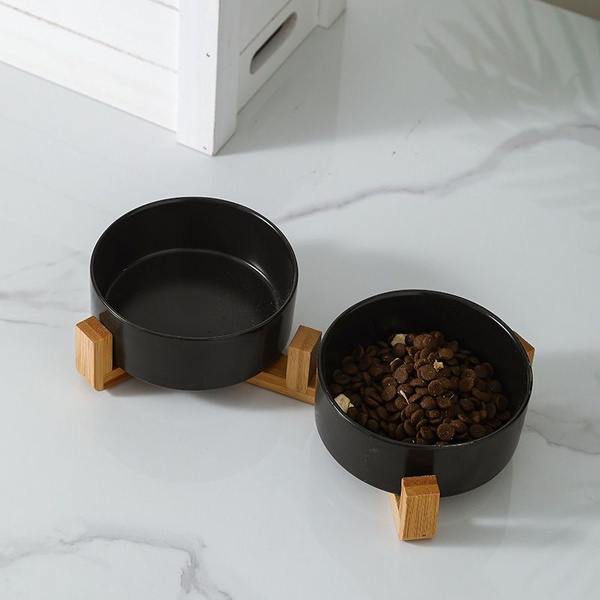 Dvojitá keramická drevená miska pre psov a mačky GERDA čierna 2x400ml
