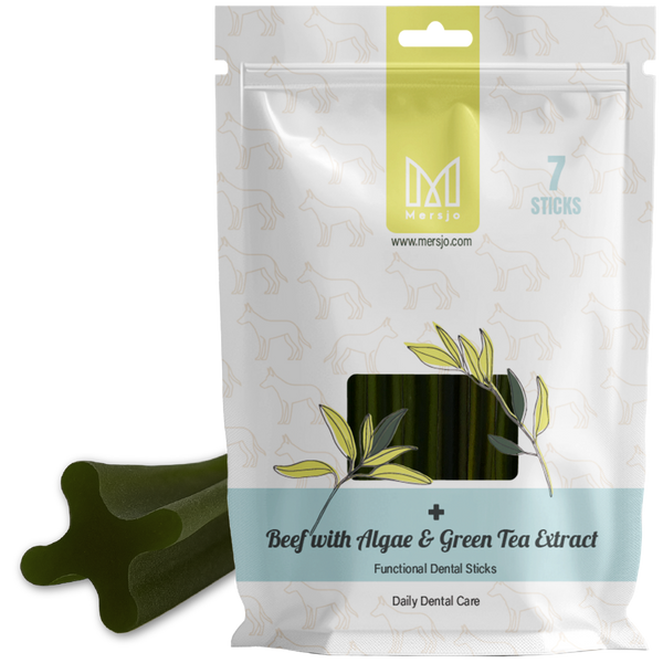 Dentálna pochúťka pre psov Dental Sticks Mersjo Hovädzie Riasy Čaj 28 ks