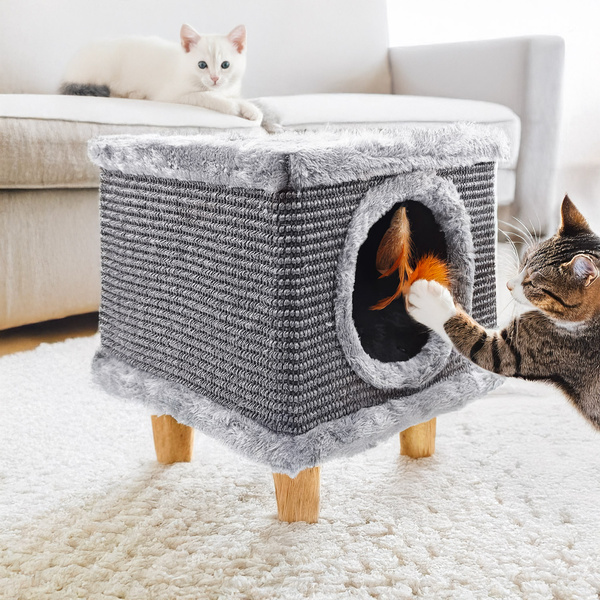 Stabilný škrabací stĺpik pre mačky, malý 38 cm, sivý s perím a posteľou Cabin I