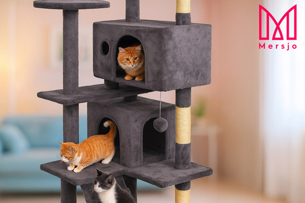 Škrabadlo pre mačky, stabilné, vysoké, 7 úrovní, lôžko tmavosivé 138cm