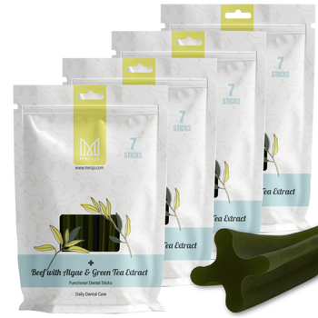 Dentálna pochúťka pre psov Dental Sticks Mersjo Hovädzie Riasy Čaj 28 ks