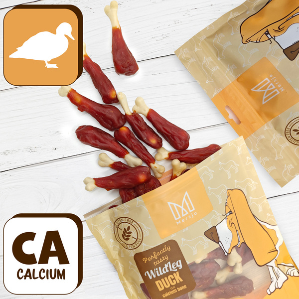 Vápencové stehno s kačacinou, prírodná pochúťka pre psov, Mersjo, WildLeg, 500g