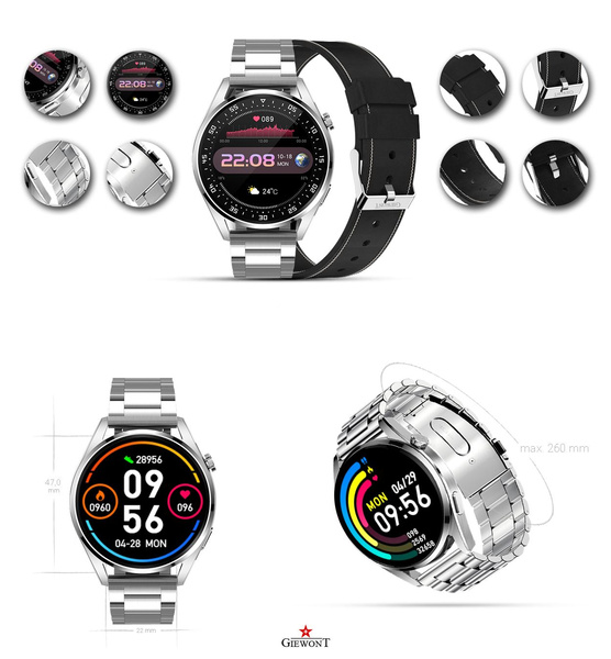 Giewont GW450-5 Silver Smartwatch + čierny kožený remienok